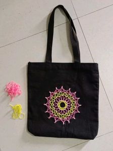 Stylish Black Tote Bag with Vibrant Embroidery