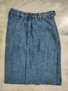 Side Slit Denim Skirt Knee Length With Button .