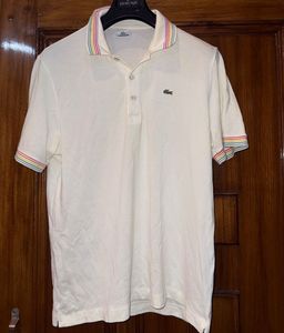 Lacoste Men's White Polo Shirt Rainbow Trim
