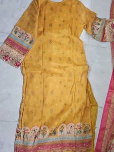 Yellow Floral Print Kurta Set with Dupatta