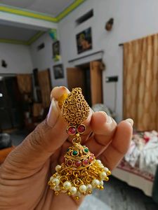 Gold Jhumka Earrings with Pearls