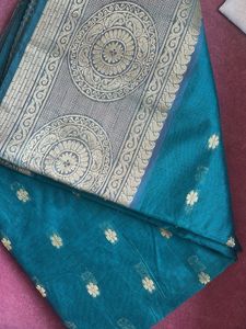 Elegant Teal &amp; Gold Brocade Saree