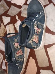 Denim Sneakers with Floral Patchwork