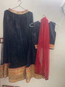 Embellished Black Lehenga Choli with Red Dupatta