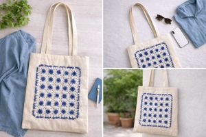 Boho Crochet Panel Tote Bag