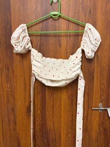 Cream Red Polka Dot Off-Shoulder Crop Top