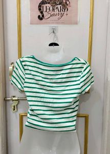 Green &amp; White Striped Cropped Top