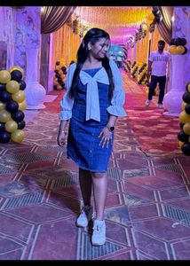 Denim Pinafore Dress with Bow Detail