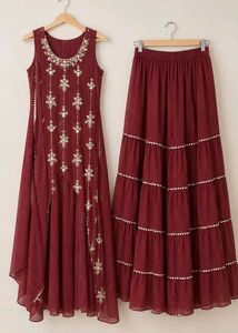 Maroon Embellished Kurta and Skirt Set
