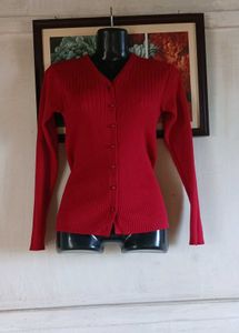 Chic Red Ribbed Knit Cardigan