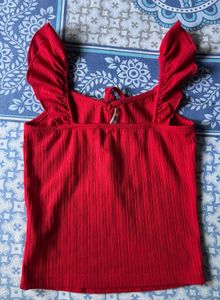 Chic Red Ruffle Sleeve Tie-Front Top xs