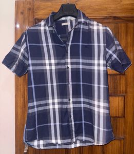 burberry Men's Blue Plaid Short Sleeve Shirt