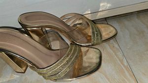 Golden Block Heels with Sparkle Straps