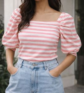 Striped Square Neck Puff Sleeve Top