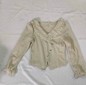 Cream Corduroy Lace Trim Blouse