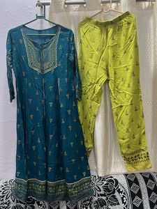 Teal &amp; Lime Green Ethnic Kurta Set