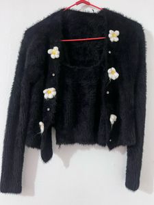 furry crop cardigan with top