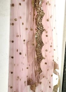 Pink Net Dupatta with Mirror Work
