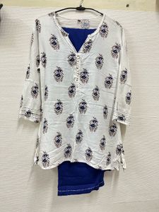 White Kurta Set with Blue Floral Print