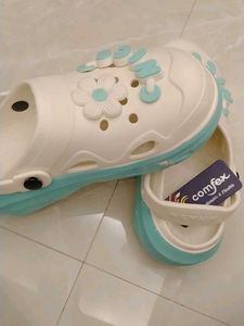 Cute White &amp; Teal Clogs with Flower Charms