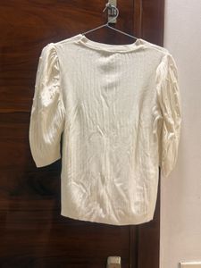 Cream V-Neck Knit Top with Puff Sleeves