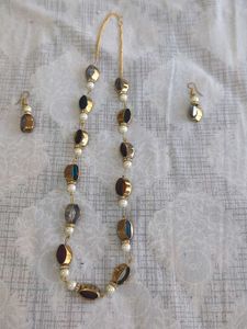 Gold Tone Beaded Necklace & Earring Set