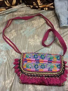 Boho Embroidered Sling Bag with Tassels