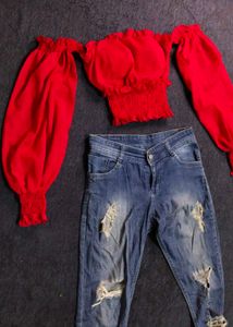 Red Off-Shoulder Crop Top with Puff Sleeves