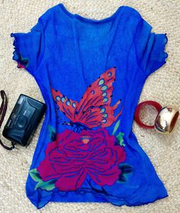 ♡ Y2K Vintage Blue Butterfly Mesh Top ♡