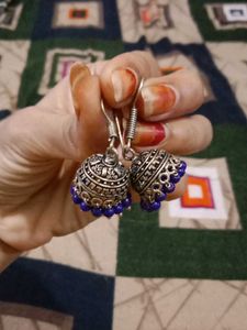 Oxidized Silver Jhumka Earrings with Blue Beads