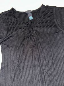 Black Lace-Up Ribbed Top