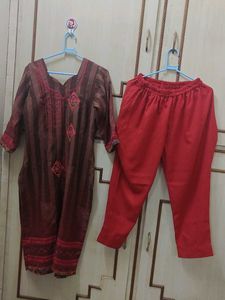 Ethnic Brown Striped Kurta with Red Pants