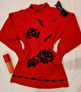 Vintage Red Floral Mock Neck Sweater