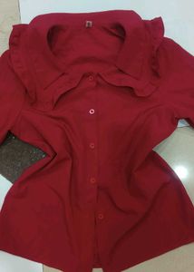 Chic Red Ruffled Collar Blouse