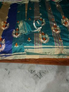 Beautiful Teal &amp; Blue Striped Saree