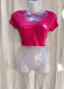 66209. Hot Pink Ribbed Ruched Crop Top