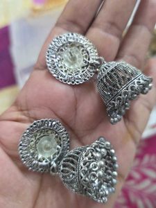 Oxidized Jhumka Earrings with Crystals