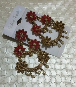 New Red &amp; Gold Flower Dangle Earrings
