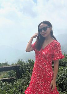 Red v neck line Floral Print Mini Dress(urbanic)