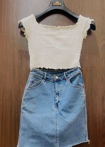 Cute Dresss With White Crop Top And Denim Skirt