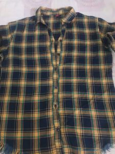Plaid Button-Up Shirt with Frayed Hem