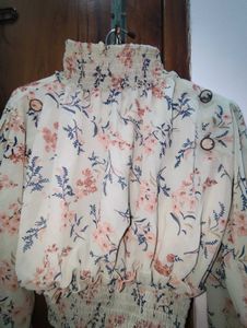 Floral Mock Neck Smocked Blouse