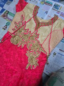 Beautiful Pink &amp; Gold Embroidered Anarkali Gown wi