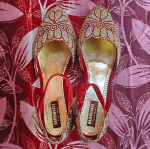 Embellished Red &amp; Gold Flat Shoes