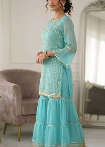 Stunning Teal Sequined Kurta Sharara Set