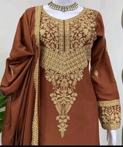 Elegant Embroidered Brown Kurta Set