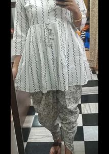 White &amp; Black Zigzag Print Kurta Set