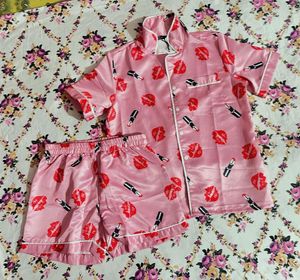Pink Satin Pajama Set with Lips & Lipstick Print