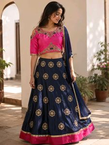 Navy Blue Lehenga with Pink Cutwork Blouse