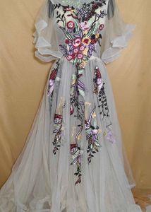 Embroidered Gown with Flutter Sleeves